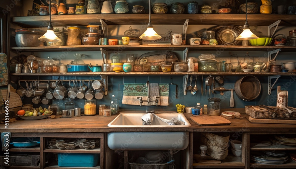 Rustic pottery collection decorates old fashioned kitchen cabinet in homemade design generated by AI