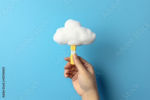 Hand connecting usb flash drive to cloud  blue background  hand connecting pen drive in the cloud  Generative AI