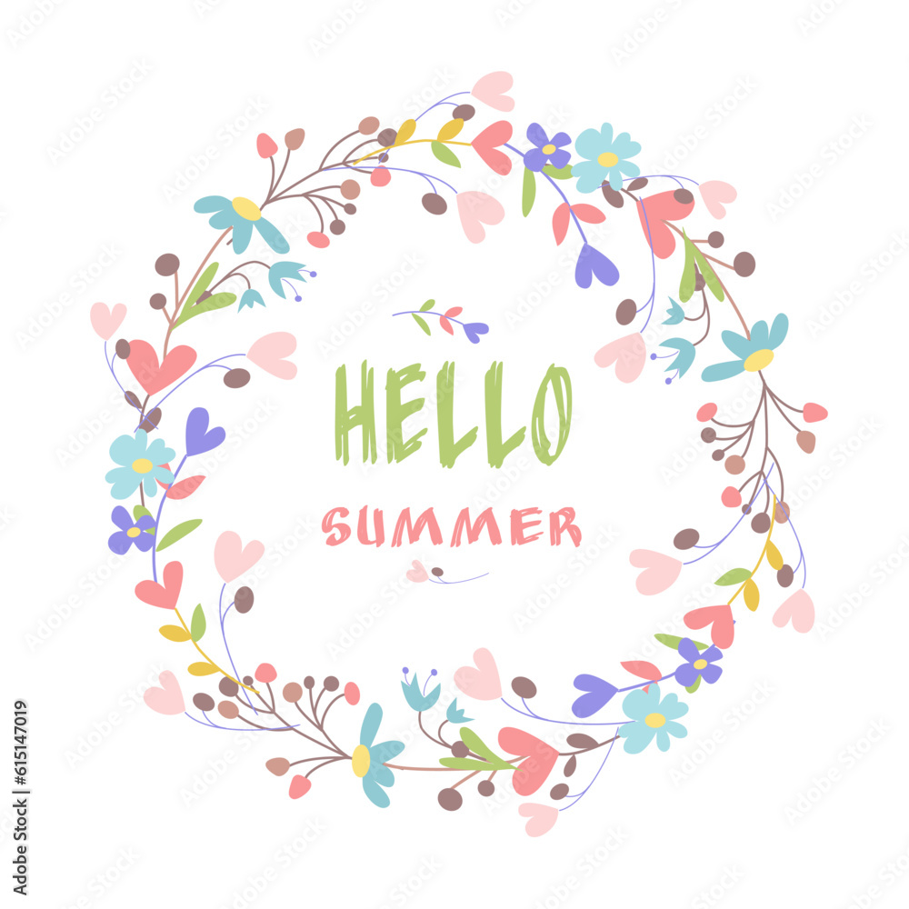 Hello summer flower frame banner. Colorful wreath with flowers. Flat vector cartoon design. Wreath of flowers in flat style.
