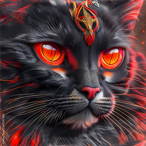 Close up of mystic cat, like a phoenix, Mysterious and mystical look, red and black colors