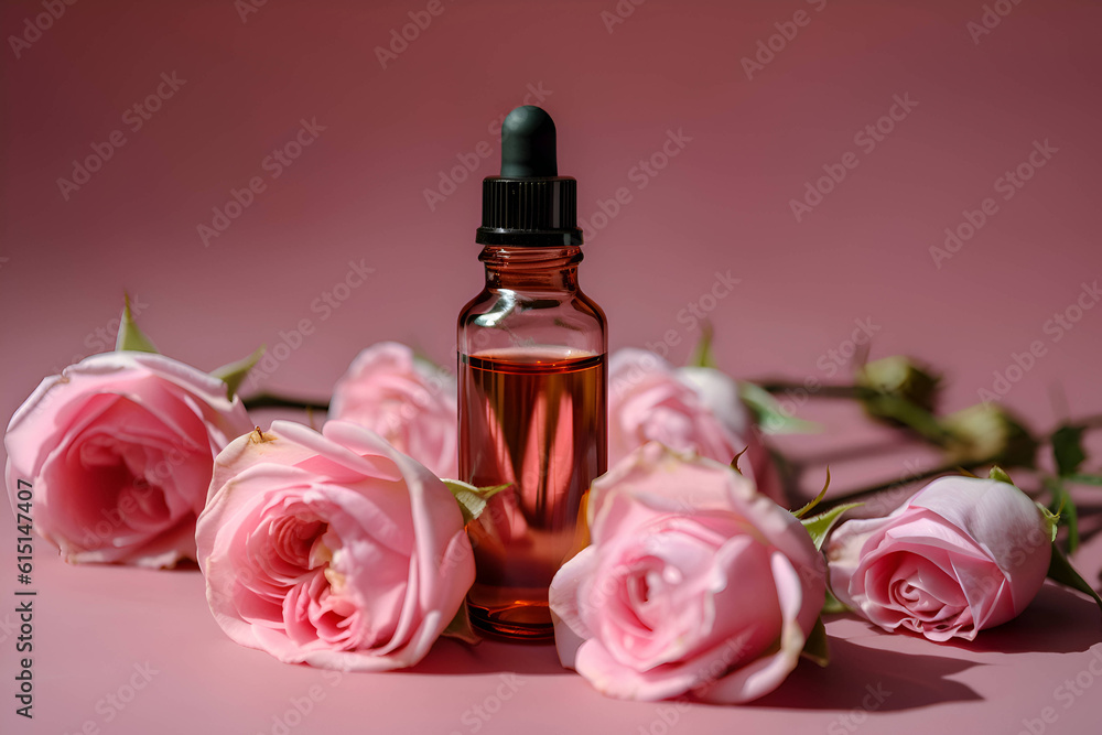 Rose essential oil on a pink background with flowers, Generative AI 5 Rose essential oil on a pink background with flowers, Generative AI 5