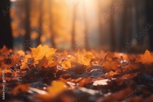 Autumn nature background with orange and yellow fallen maple leaves in sunlight. Ai generative.