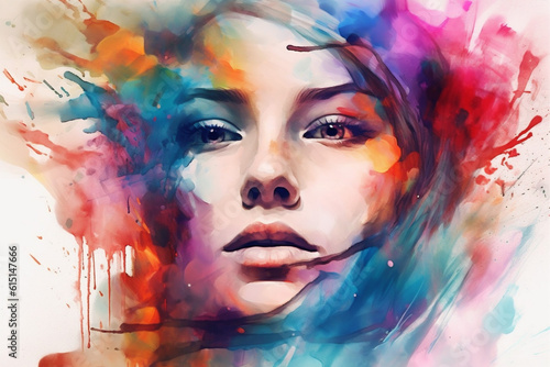 hand woman art lip illustration portrait face colourful beauty watercolor style. © VICHIZH