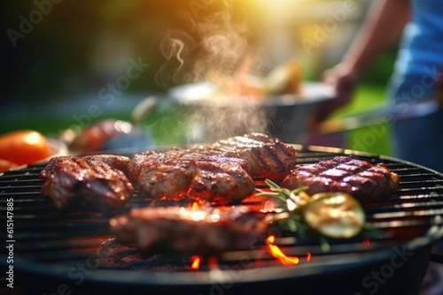 Fotografiet grilling lamb ribs on hot flame , barbecue cooking in evening and sunset, ai gen
