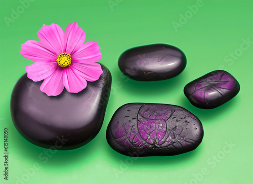 Black spa stones and pink cosmos flower isolated on green. Generative AI