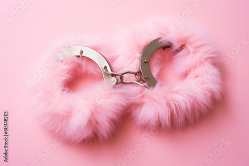 Pink fluffy fur handcuffs on pastel background