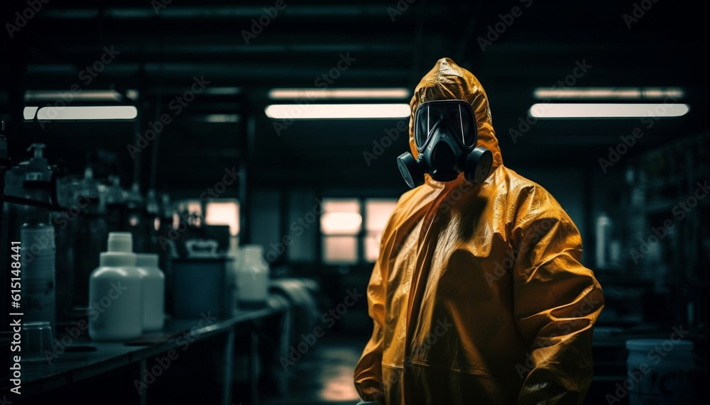 One man in protective workwear and mask working in factory generated by AI One man in protective workwear and mask working in factory generated by AI