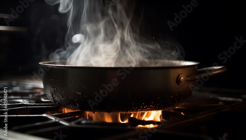 Steaming hot soup simmers on cast iron stove top burner generated by AI