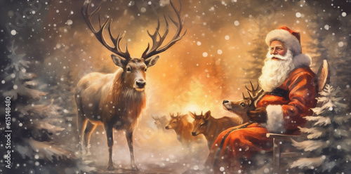 illustration santa sleigh christmas vintage snow claus card reindeer greeting.  © VICHIZH