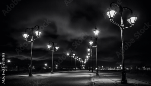 The electric light illuminates the dark city street at night generated by AI