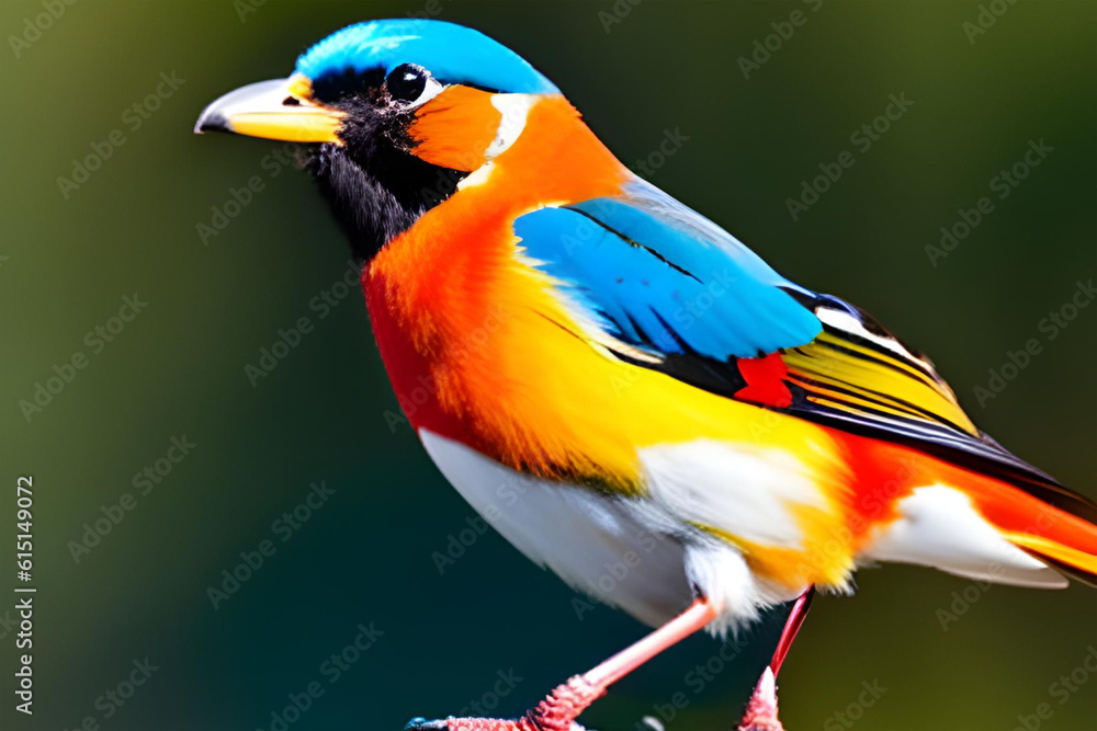 Obraz premium Colorful birds. Isolated cute birds and branch. Close Up View. Generative AI