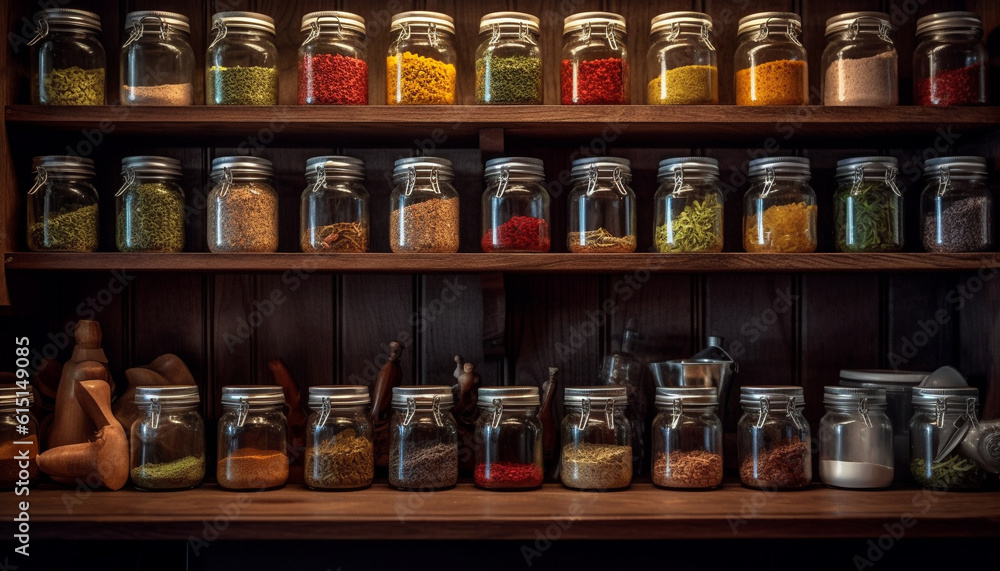 A large collection of multi colored spice jars on wooden shelf generated by AI