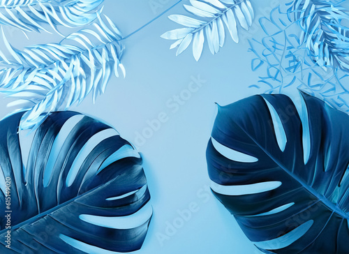 Collection of tropical leavesfoliage plant in blue color with space background. Generative AI photo