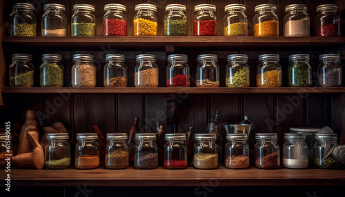 A large collection of multi colored spice jars on wooden shelf generated by AI