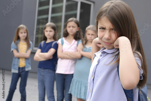 Child being bullied at the school. Educational school isolation and bullying concept.