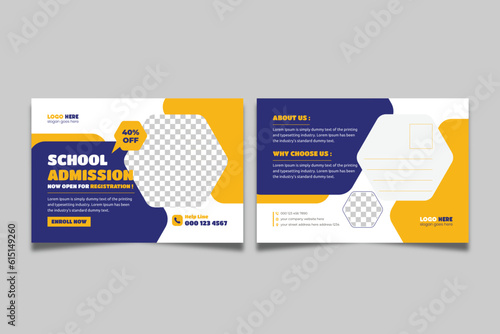School admission eddm postcard template. Back to school education postcard design, Kids Education promotional postcard design.
