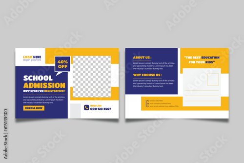School admission eddm postcard template. Back to school education postcard design, Kids Education promotional postcard design.
