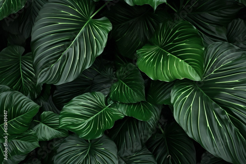 leaf nature tree background jungle colourful palm black green tropical forest. Generative AI.