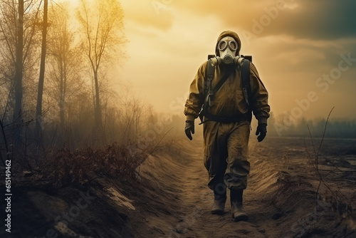 Post apocalyptic survivor in gas mask. Environmental disaster  armageddon concept.
