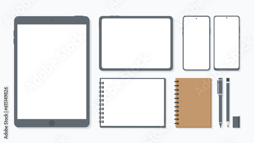 Cover and banner of working desk with gadget. Top view of table working and free space for text with computer, laptop, notebook, coffee cup, phone and paper.