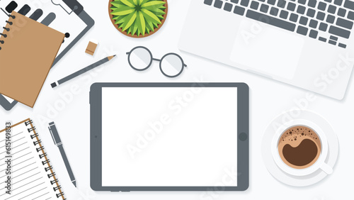 Cover and banner of working desk with gadget. Top view of table working and free space for text with computer, laptop, notebook, coffee cup, phone and paper.
