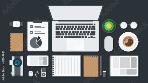 Cover and banner of working desk with gadget. Top view of table working and free space for text with computer, laptop, notebook, coffee cup, phone and paper.