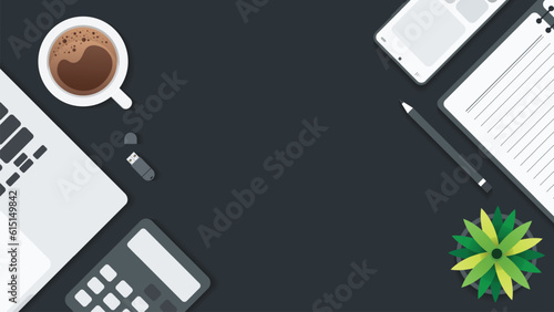 Cover and banner of working desk with gadget. Top view of table working and free space for text with computer, laptop, notebook, coffee cup, phone and paper.
