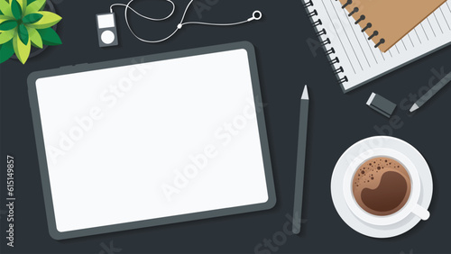 Cover and banner of working desk with gadget. Top view of table working and free space for text with computer, laptop, notebook, coffee cup, phone and paper.