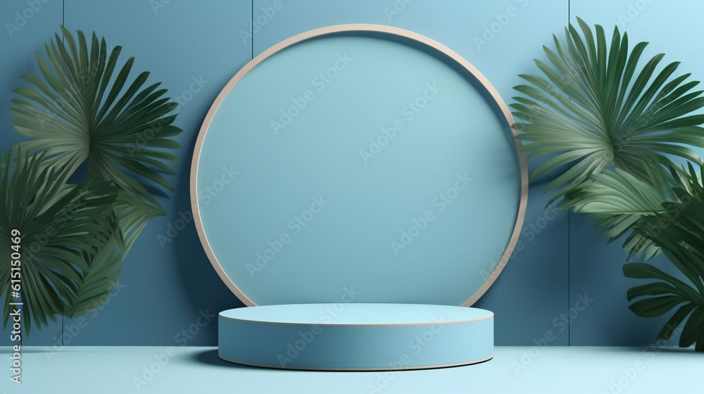 Product display podium decorated with pearls and leaves on aqua blue Stage product on pedestal display steps. AI generated Product display podium decorated with pearls and leaves on aqua blue Stage product on pedestal display steps. AI generated