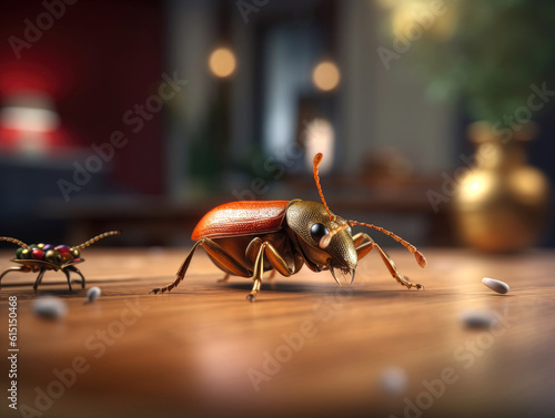 Close up of a bug walking on a table. 