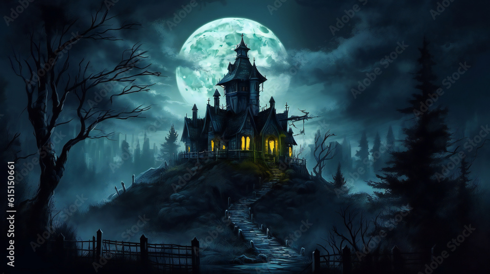 very realistic illustration of a fantasy castle with a glowing full moon in the background, Halloween mood background, AI generated very realistic illustration of a fantasy castle with a glowing full moon in the background, Halloween mood background, AI generated