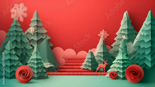 Minimal scene with, balls and pine trees. Red and green shapes. For christmas holiday winter concep magazines, poster, 3D, paper. Space for text, winter, holidays, Christmas Generation AI