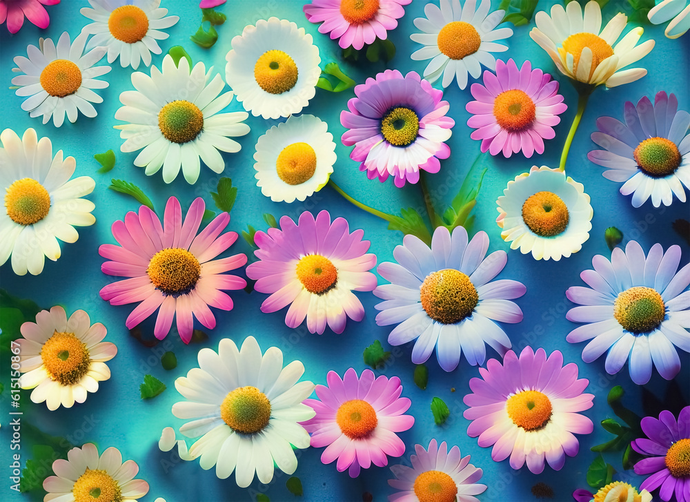 Flat lay of colorful spring daisies. Generative AI Flat lay of colorful spring daisies. Generative AI