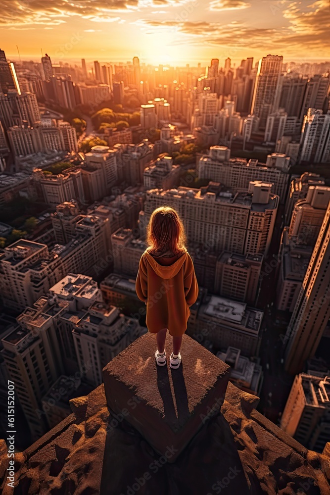 Small girl in front of big city new life concept photo realistic illustration - Generative AI.