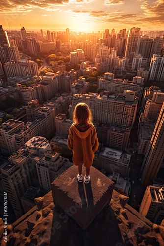 Small girl in front of big city new life concept photo realistic illustration - Generative AI. © Mariia