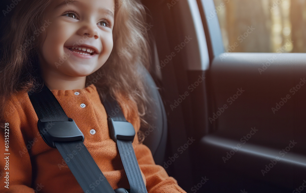 Φωτογραφία Happy girl in a child car seat wearing a seatbelt while traveling by car