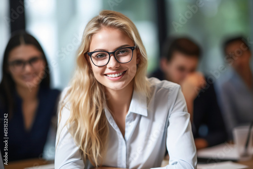 Confident Female Young Entrepreneur Business Woman Showcasing And Presenting Project Outcomes in Corporate Meeting or Conference, Blonde, generative ai