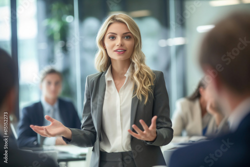 Confident Female Young Entrepreneur Business Woman Showcasing And Presenting Project Outcomes in Corporate Meeting or Conference, Blonde, generative ai