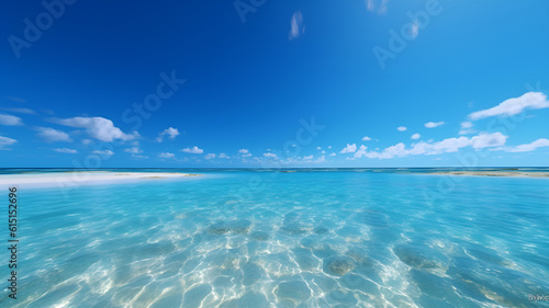 Photograph of Summer Beach with blue sky, ocean, waves, sands © Yuki Liu