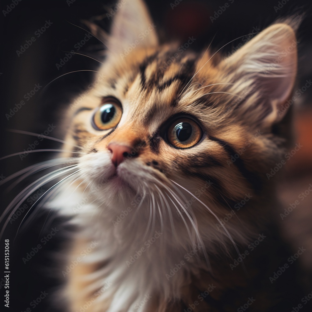 Fototapeta premium Adorable close-up photograph of a fluffy kitten, showcasing its big expressive eyes and exuding irresistible cuteness and playfulness. 