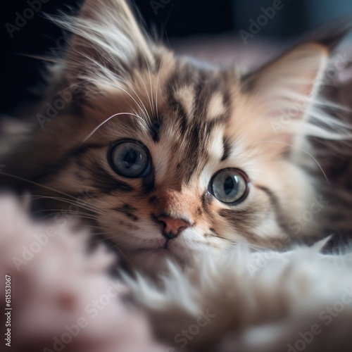 Adorable close-up photograph of a fluffy kitten, showcasing its big expressive eyes and exuding irresistible cuteness and playfulness. 