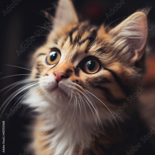 Adorable close-up photograph of a fluffy kitten, showcasing its big expressive eyes and exuding irresistible cuteness and playfulness. 