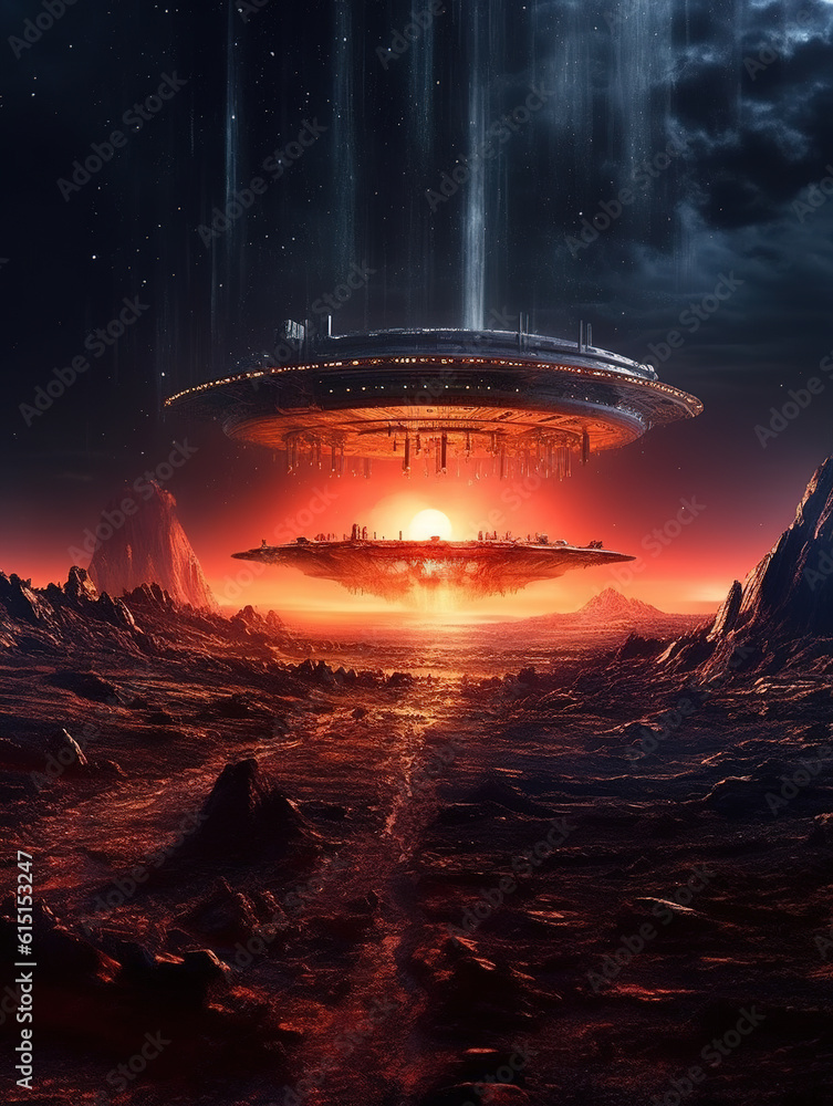Extraterrestrial landscape with the big alien spaceship. A poster for ...