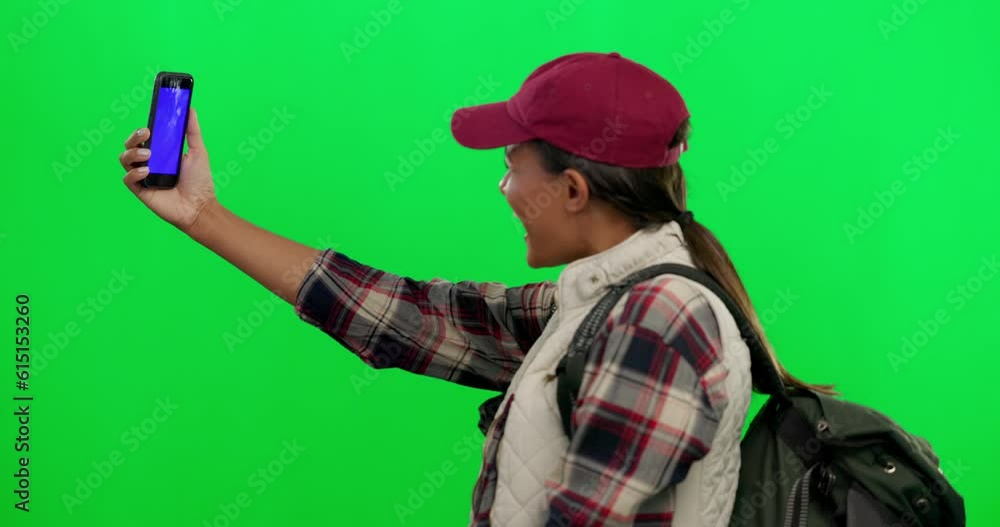 Green screen, selfie and woman with piece sign on social media travel vlog isolated in a studio background. Online, internet and happy influencer on an adventure to explore on holiday on a video call Green screen, selfie and woman with piece sign on social media travel vlog isolated in a studio background. Online, internet and happy influencer on an adventure to explore on holiday on a video call