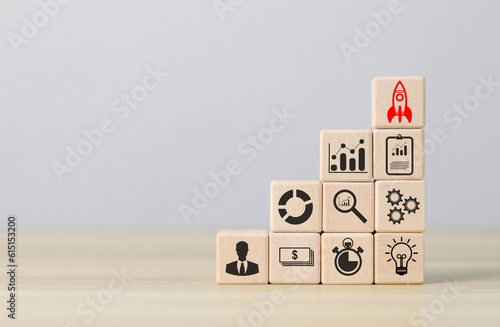 A wooden block showing a rocket icon. This is the beginning of a new generation of Entrepreneurs, Business Ideas, Startups, Entrepreneurs and Online Digital Business Networks on online marketing, tech