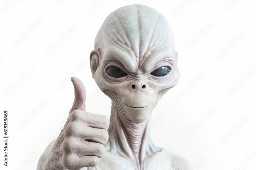 Alien humanoid portrait on white background. Extraterrestrial humanoid shows thumb up gesture. Friendly alien. Created with Generative AI Alien humanoid portrait on white background. Extraterrestrial humanoid shows thumb up gesture. Friendly alien. Created with Generative AI
