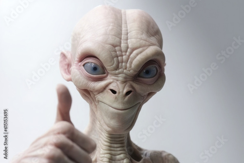 Alien humanoid portrait on white background. Extraterrestrial humanoid shows thumb up gesture. Friendly alien. Created with Generative AI