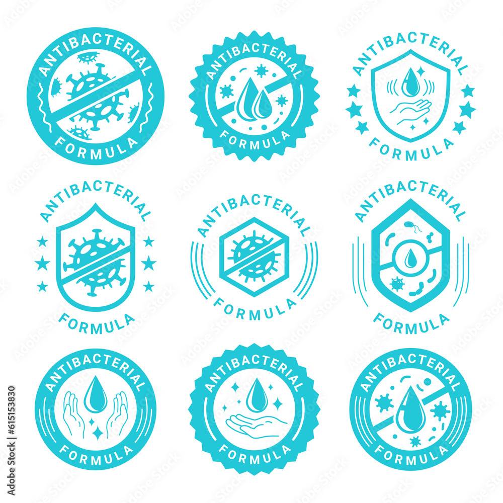 Antibacterial formula blue minimal badge for hand soap and chemical product package set vector flat