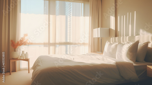 Interior of a modern luxury bedroom hotel bedroom  minimal style  soft sun lit bedroom 