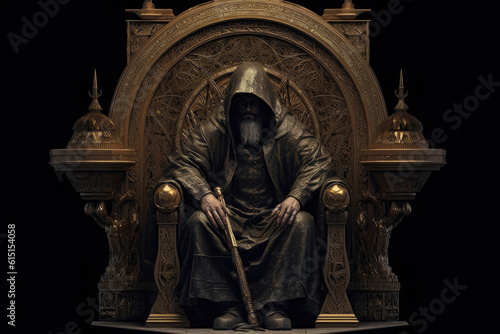 Man in hood sitting on royal throne in dark castle hall. Fantasy medieval throne for king. Created with Generative AI